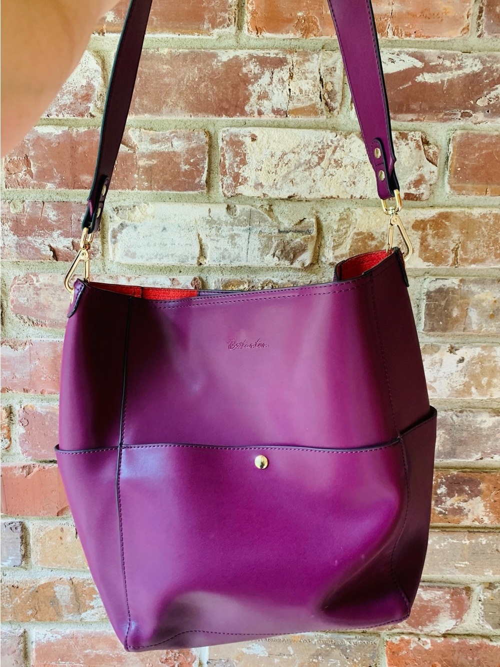 Bostanten Plum Leather Shoulder Bag with Gold Accents Read All